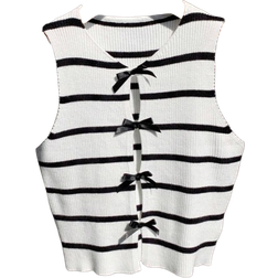 Shein Casual Minimalist Striped Bow Decor Top - Women's