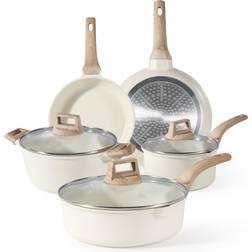 Ebern Designs 8 Pcs White Granite Induction Hob Pan Cookware Set with lid