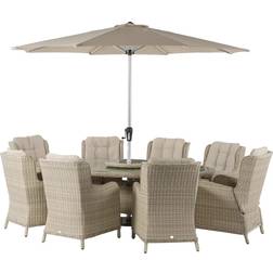 Bramblecrest Chedworth 8-Seater Garden Elliptical Table & Chairs with Lazy Susan & Parasol Sandstone Patio Dining Set