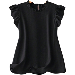 Shein Plus Summer Casual Solid Color Cap Sleeve Black Blouse