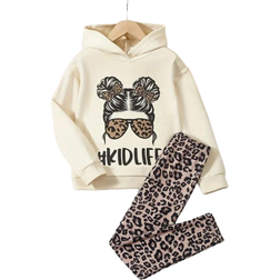 Shein pcs Young Girl AutumnWinter Letter Print Sweatshirt Leopard Pattern Pants Set