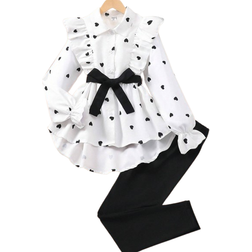 Shein Tween Girl Casual Heart Print Long Sleeve Shirt With Belt Leggings Set Autumn