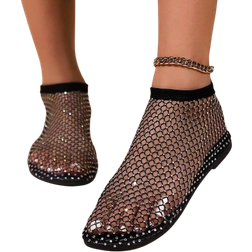 Shein Women's Rhinestone Decorated Flat Sandals, Hollow Out Design, Perfect For Summer Holiday, Black