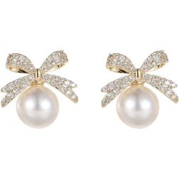 Shein Rhinestone Bow & Faux Pearl Design Stud Earrings