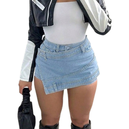 Shein Rave YK Street Vintage Washed Overlap Waist Wrap Asymmetrical Hem ALine Stretchy Skinny Cargo Denim Mini Skorts