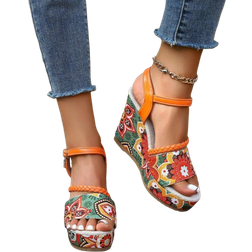 Shein Womens Wedge Heel ThickSoled Sandals Random Patterns Orange Buckled Beach Vacation Waterproof Platform HighHeeled Shoes Summer