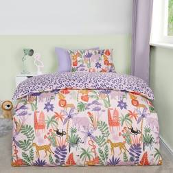 OHS Safari Print Reversible Microfibre And Pillowcase Set Double - Duvet Cover Pink, Purple