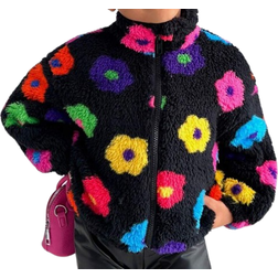 Shein Young Girl Knitted Plush Colorful Floral Stand Collar Loose Casual Jacket With Faux Fur