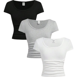 Shein pcsSet Teenage Girls Casual Versatile Minimalist Urban Fitted Black White Grey TShirt Set