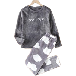 Shein Tween Girl Eyelash Embroidery Flannel Top & Cloud Print Pants PJ Set