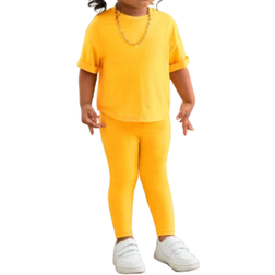Shein Babygirl Short Sleeve T-Shirt And Elastic Waist Pants Set - Yellow