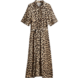 H&M Tie Belt Shirt Dress - Beige/Leopard Print