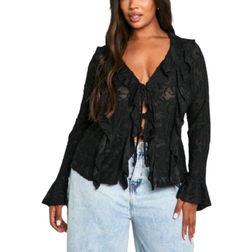 boohoo Plus Burnout Double Ruffle Blouse - Black