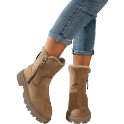 Shein Damen Ankle Boots mit dicker Sohle, modisches Reißverschluss-Design an der Seite, mit Fleece gefüttert, bequem, warme Winterstiefel, braun