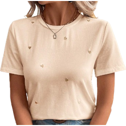 Shein Women Gold Thread Embroidery Heart Print Casual Daily Wear Short Sleeve TShirtSummer TShirt Women T Shirts Cotton Tea Party Attire Embroidered Top TS