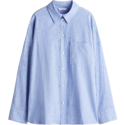 H&M Oversized Linen-Blend Shirt - Light Blue/Striped