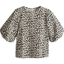 H&M Balloon-Sleeved Top - White/Leopard Print