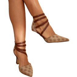 Shein Womens Vintage Elegant High Heel Mules With Strap Floral Print Design Brown Formal Shoes With Back Zipper Comfortable Party Shoes Work Shoes High Heel