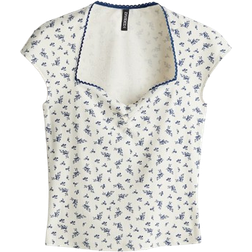 H&M Ribbed Sweetheart Neck Top - Cream/Floral