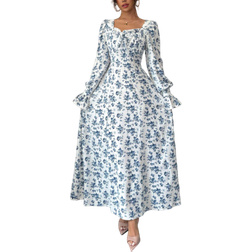 Shein Elegant Floral Print Square Neck Dress - Pearl