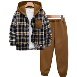 Shein pcs Boys Fashionable Plaid Hooded Jacket And Jogger Pants Set