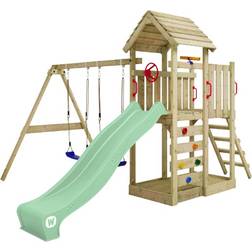 Wickey Aire de jeux Portique bois MultiFlyer toit en bois avec balançoire Marron