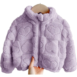 Shein Baby Girls Casual Chic Heart Pattern Fluffy Long Sleeve Stand Collar Jacket