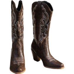 Shein Women New Autumn Forest Style Brown Outdoor Fashionable Western Embroidery Boots Cowboy Boots For Women