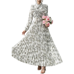 Shein Damen Frühling/Sommer Blumenmuster Rüschen Saum Gürtel Langarm Kleid mit Plissee Saum, elegant