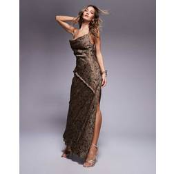 ASOS DESIGN Crinkled Satin Cowl Bias Maxi Dress - Brown Abstract Print