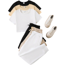 Shein 3pcs/Set Tween Girls' Casual Sport Short Sleeve T-Shirt And Shorts Set In Multiple Colors