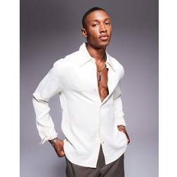 ASOS DESIGN Slim Fit Shirt 70s Collar - Cream Satin