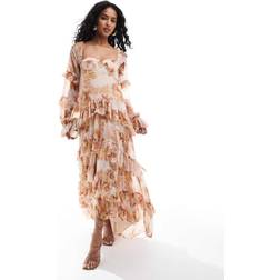ASOS DESIGN Lagdelt Offshoulder Maxikjole Med Flæser - Brunt Blomstermønster