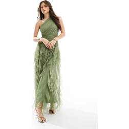 Lace & Beads Brudepiger Sart Olivengrøn Oneshoulder Maxikjole Med Vandfaldsflæser