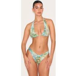 PrettyLittleThing Green Mottled Print High Leg Bikini Bottoms - Green