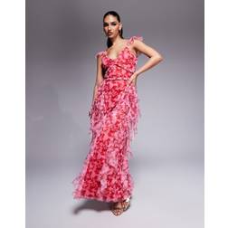 Lace & Beads Ruffle Midaxi Tulle Dress - Red/Pink Floral
