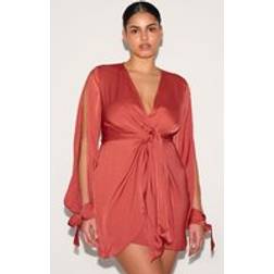 PrettyLittleThing Plus Rust Plunge Neck Satin Twist Front Open Sleeve Wrap Dress - Orange