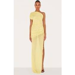 PrettyLittleThing Mesh Ruched One Shoulder Thigh Split Maxi Dress - Yellow