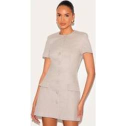 PrettyLittleThing Mushroom Herringbone Tailored Short Sleeve Mini Dress - Mushroom