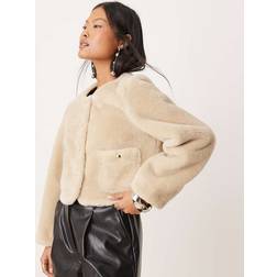 ASOS Petite Jacka Utan Krage Hopfogat Teddymaterial - Vit/A