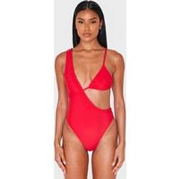 PrettyLittleThing Red Plait Detail Asymmetric Swimsuit - Red