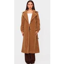 PrettyLittleThing Faux Suede Belted Trench Coat - Camel