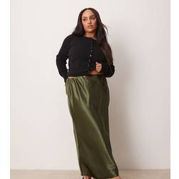 New Look Curve Satin Midi Bias Skirt - Khaki