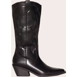 PrettyLittleThing Black Pu Point Toe Western Calf High Boots - Black