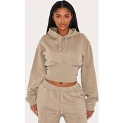 PrettyLittleThing Shape Mocha Sweat Cropped Shirred Waist Hoodie - Brown