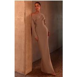 PrettyLittleThing PLT Label Asymmetric Batwing Sleeved Cinched Waist Maxi Dress - Taupe