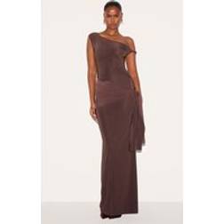 PrettyLittleThing Slinky Off Shoulder Wrap Detail Maxi Dress - Chocolate