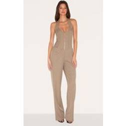 PrettyLittleThing Mushroom Dipped Corset Zip Front Wide Leg Jumpsuit - Mushroom