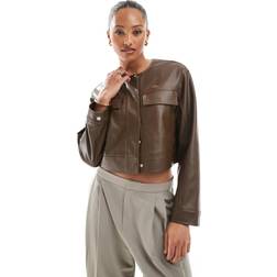 ASOS DESIGN Cropped Jakke Uden Krave I Læderlook - Chokoladebrun