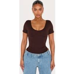 PrettyLittleThing Shape Sculpted V Neck Short Sleeve Bodysuit - Chocolate